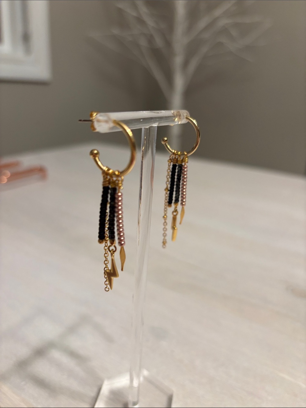 Gold Hoop Earrings with Black and rose gold Beaded Tassels